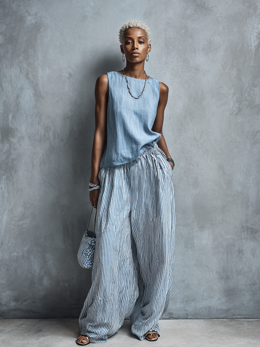 Women's Casual Light Blue Linen-Cotton Crew Neck Sleeveless Top And Blue-White Striped Elastic Waist Wide-Leg Pants Set MDZ2976E9GMJ