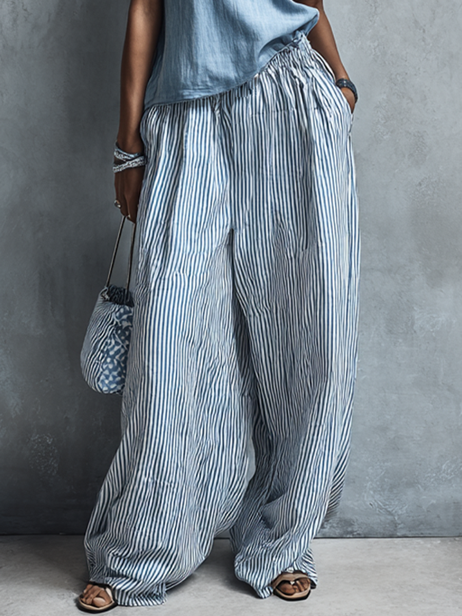Women's Casual Light Blue Linen-Cotton Crew Neck Sleeveless Top And Blue-White Striped Elastic Waist Wide-Leg Pants Set MDZ2976E9GMJ