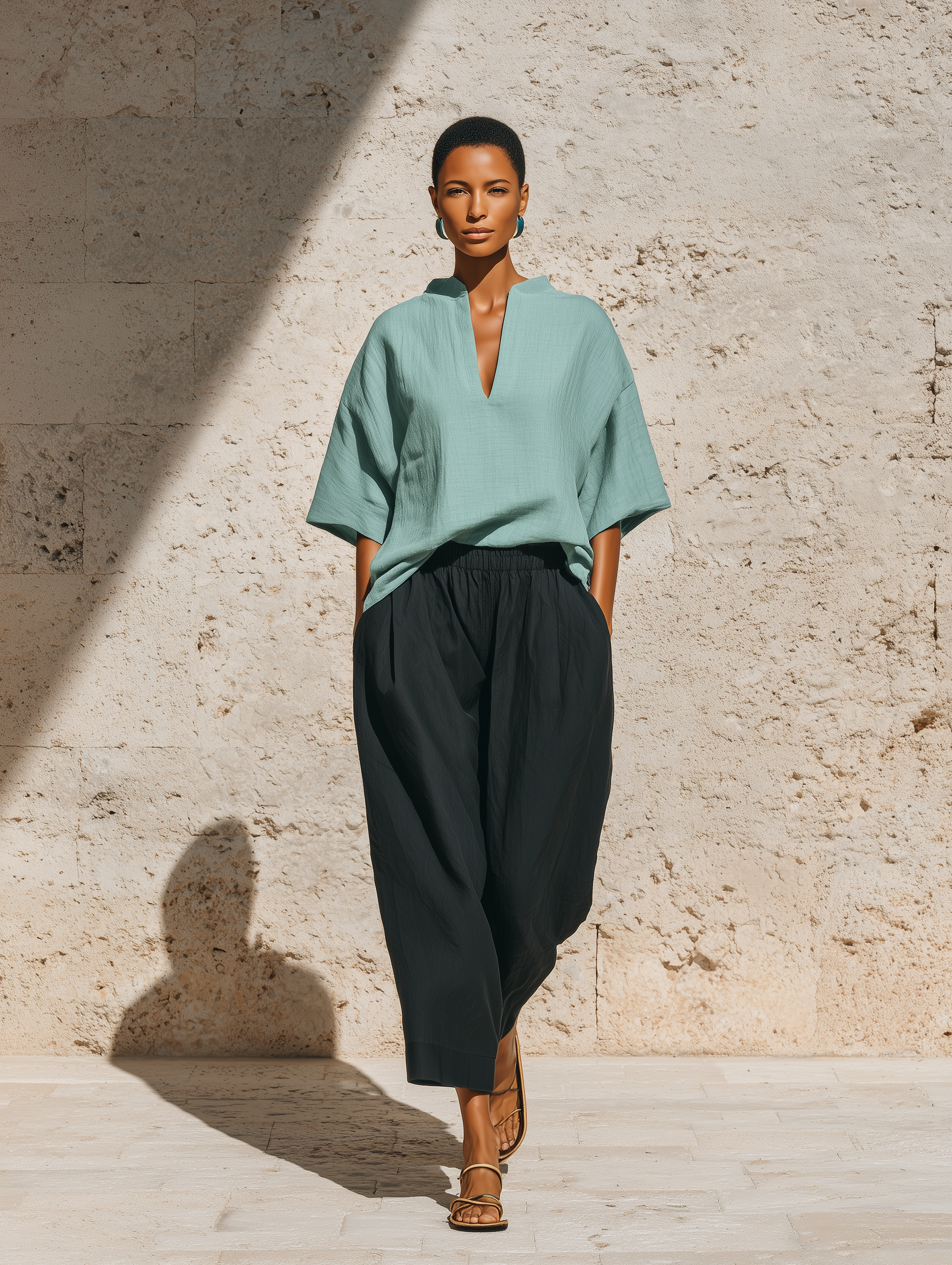Women’s Teal Linen-Blend V-Neck Tunic Top & Black Elastic-Waist Cropped Pants Two-Piece Set MDZ0126F1T