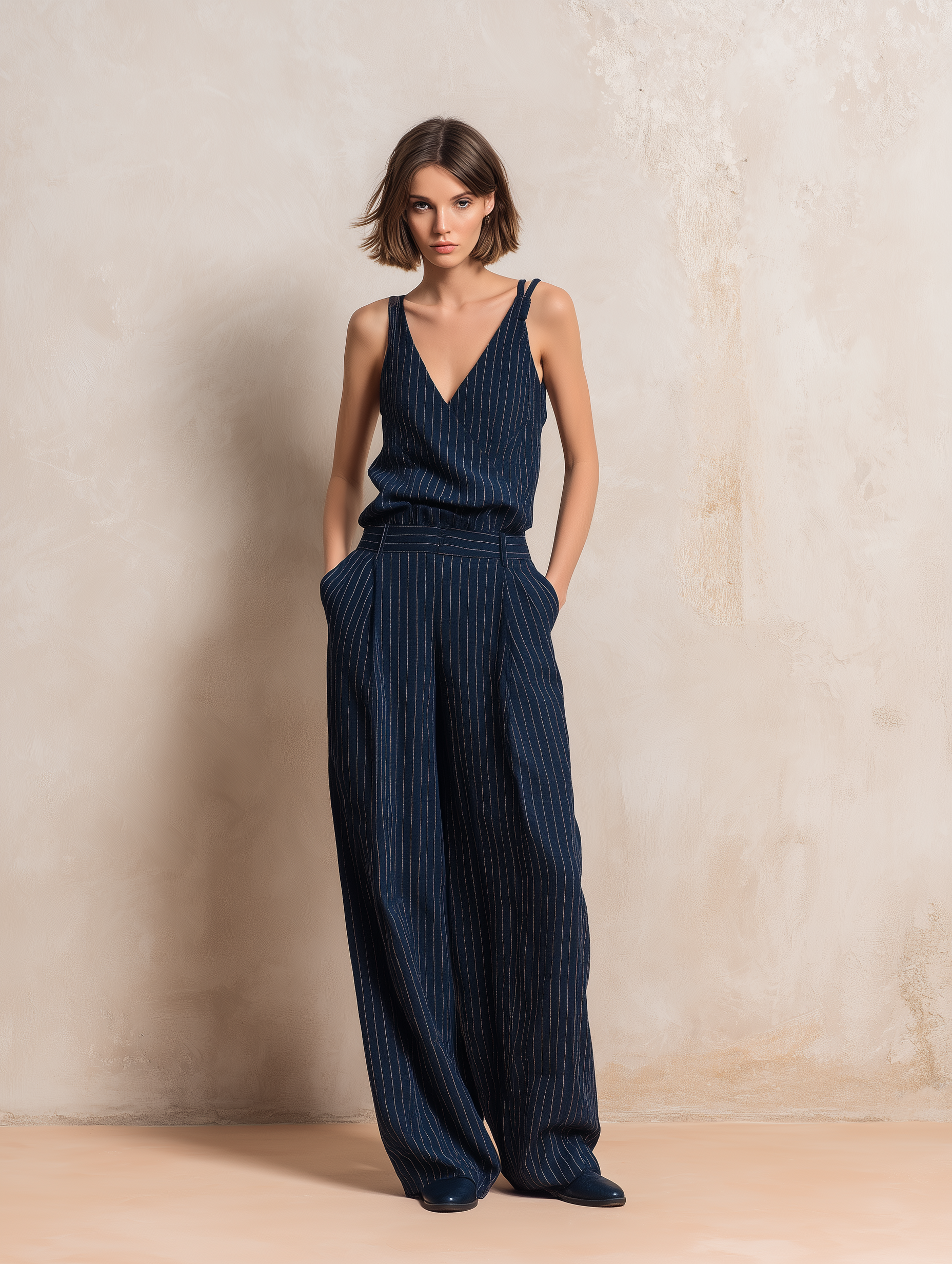 Women’s Navy Cotton Blend Pinstripe Wrap Cami Top & High-Waisted Wide-Leg Pants Two-Piece Set MDZ0111F2T