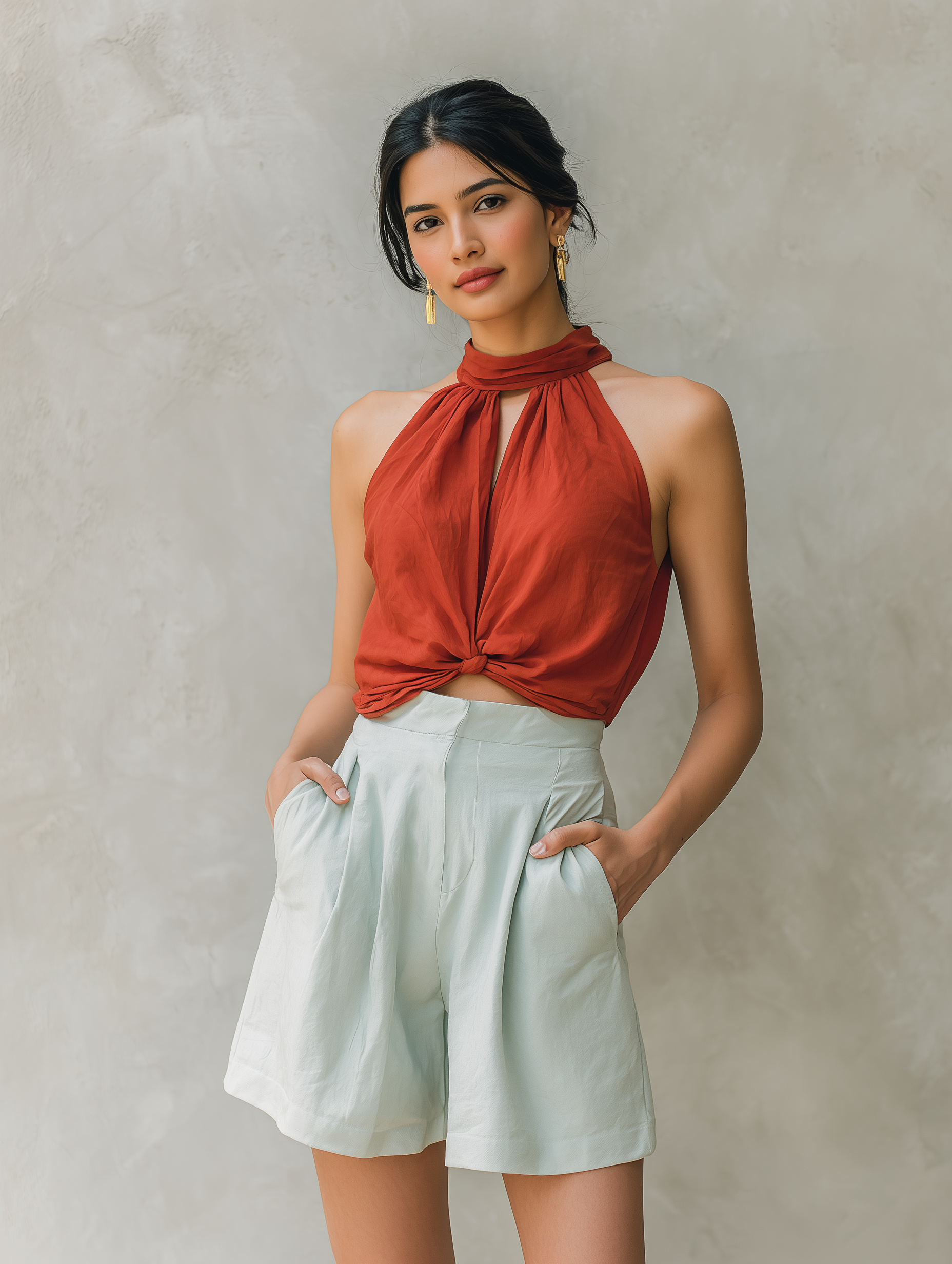 Women’s Rust Halter Neck Knotted Crop Top & Light Sage Pleated Shorts Two-Piece Set MDZ0163F9T