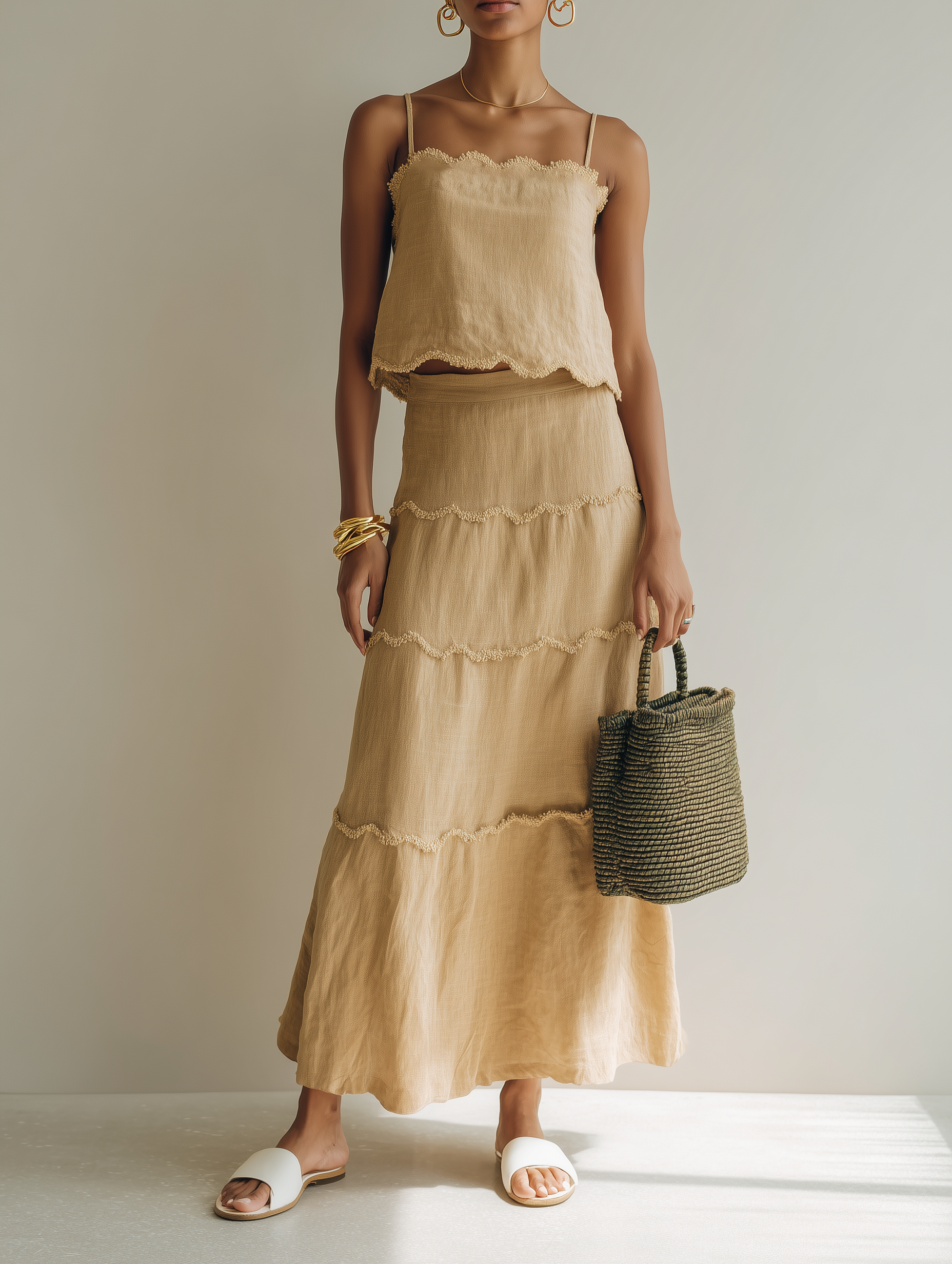 Women’s Beige Scalloped-Trim Linen-Blend Cami Top & Tiered Maxi Skirt Two-Piece Set MDZ0172F9T