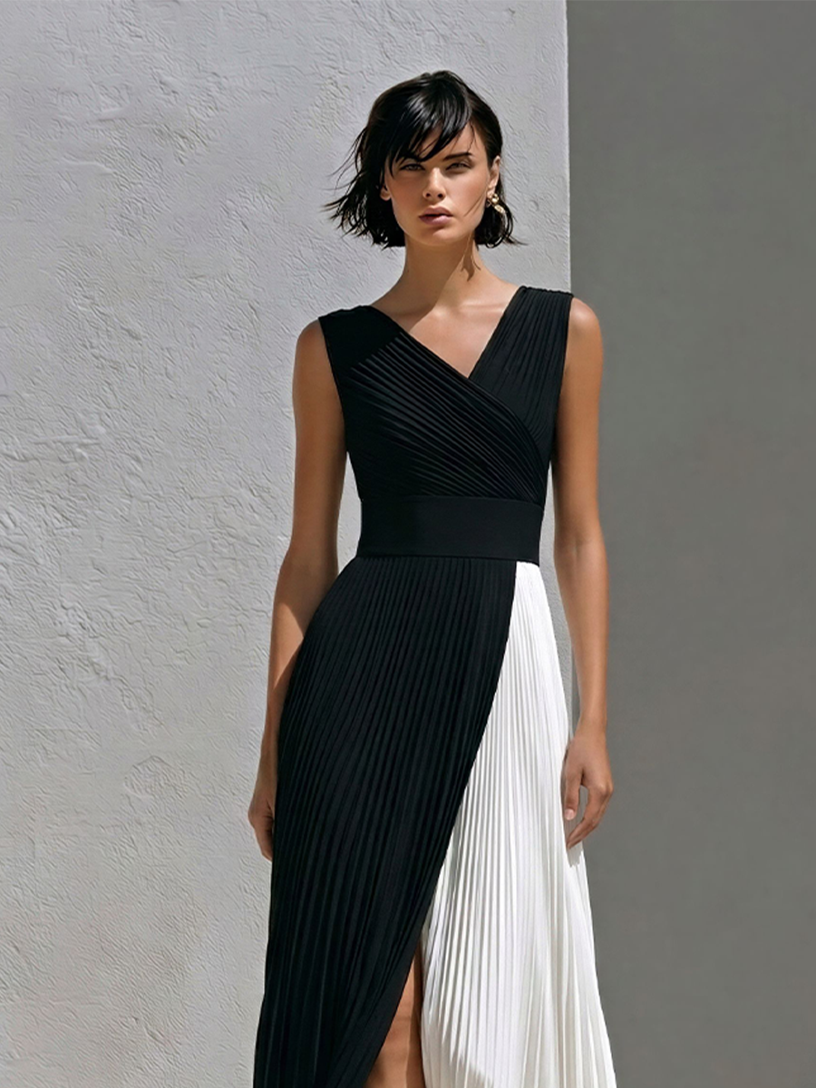 Women's Black & White Pleated Chiffon Maxi Dress With Elastic Waist & Color-Block Design, Timeless Elegant Evening Dress MDZ0129F6LYL