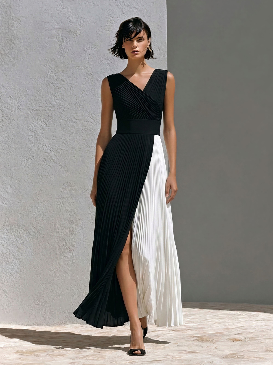 Women's Black & White Pleated Chiffon Maxi Dress With Elastic Waist & Color-Block Design, Timeless Elegant Evening Dress MDZ0129F6LYL