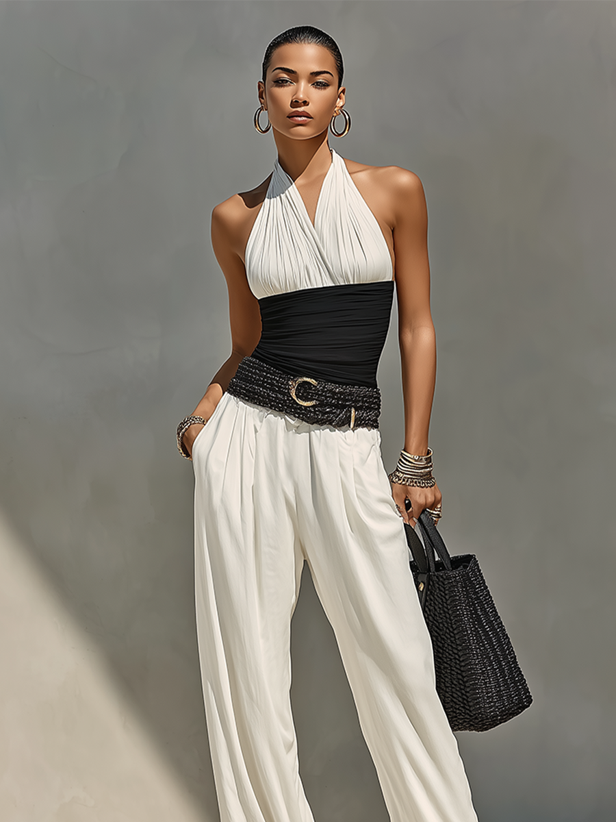 Women's Monochrome Ruched Halter Top & High-Waisted White Pants Co-Ord, Modern Effortless-Chic Everyday Outfit (without Belt) MDZ0154F4LYL