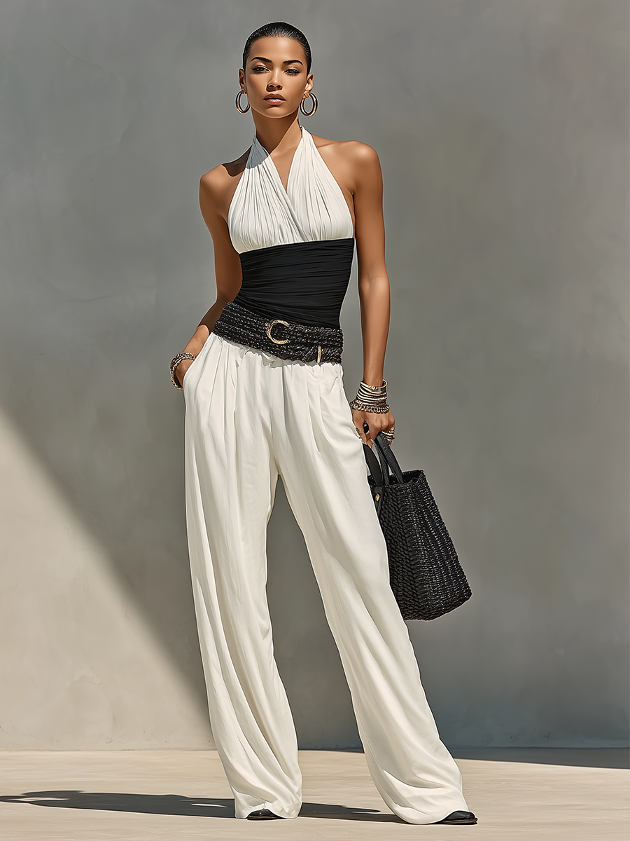 Women's Monochrome Ruched Halter Top & High-Waisted White Pants Co-Ord, Modern Effortless-Chic Everyday Outfit (without Belt) MDZ0154F4LYL