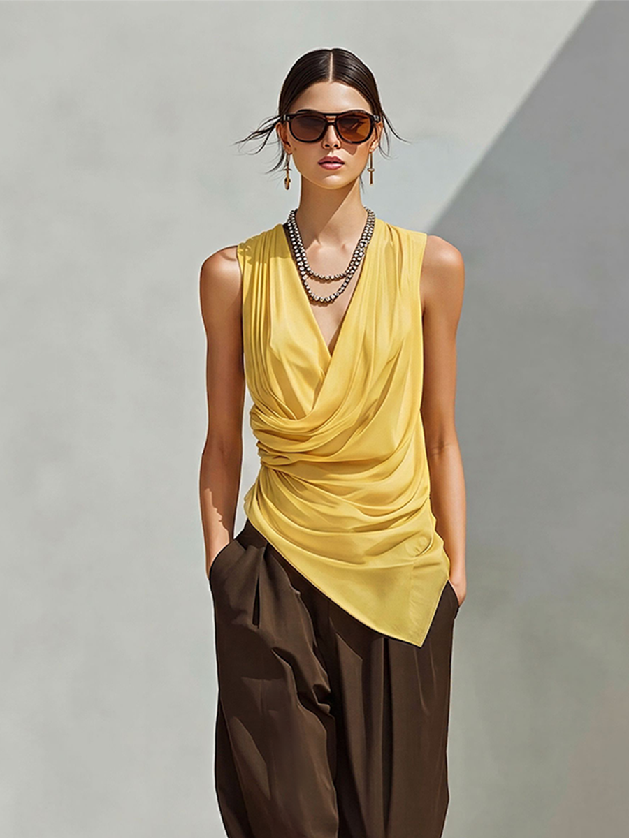 Women's Color-Block Co-Ord With Asymmetric Wrap Top & High-Waisted Pleated Pants, Modern Effortless-Chic Everyday Outfit MDZ0132F0LYL