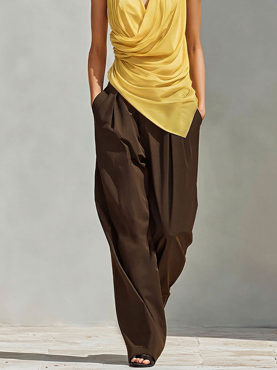 Women's Color-Block Co-Ord With Asymmetric Wrap Top & High-Waisted Pleated Pants, Modern Effortless-Chic Everyday Outfit MDZ0132F0LYL
