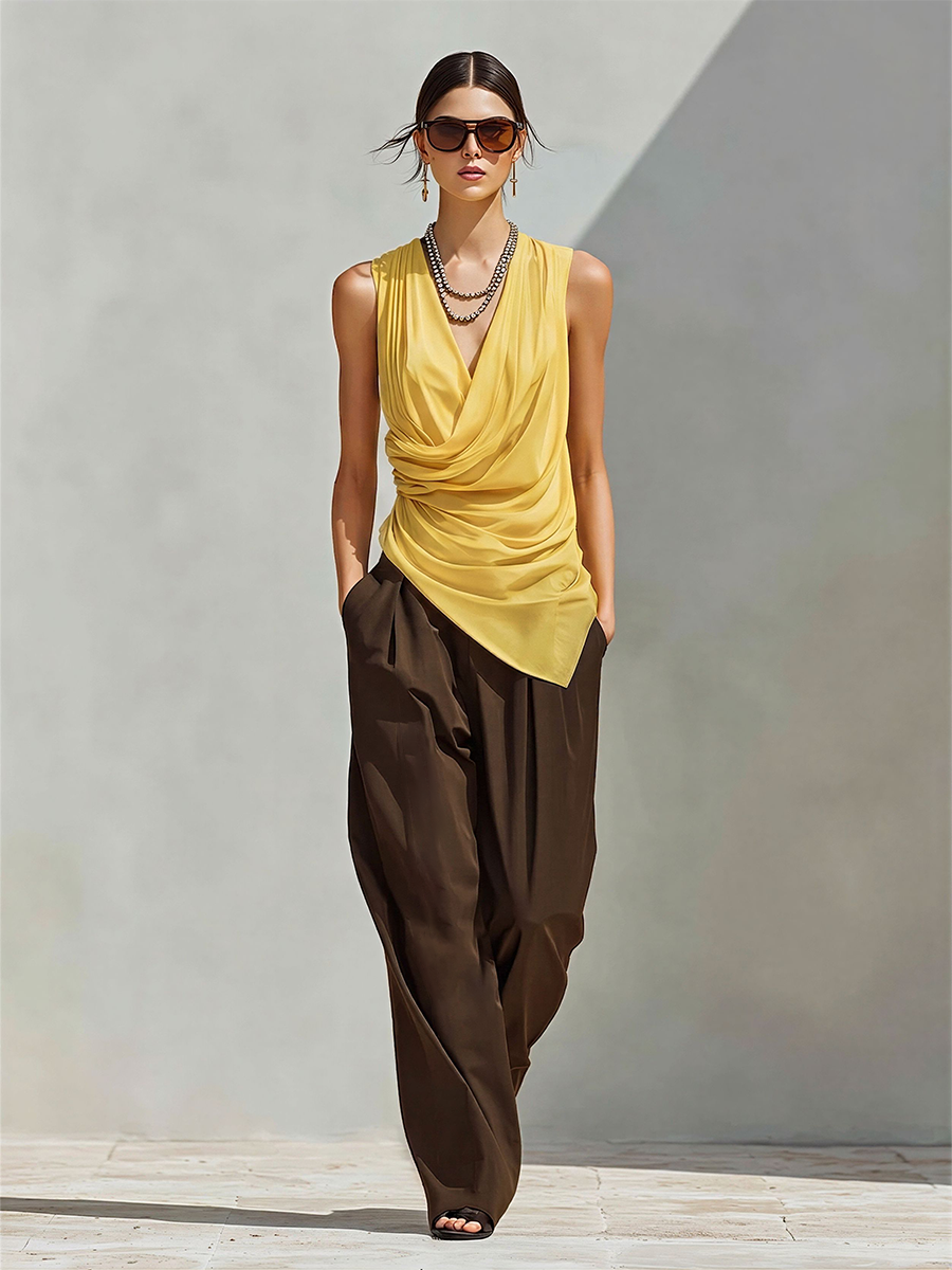 Women's Color-Block Co-Ord With Asymmetric Wrap Top & High-Waisted Pleated Pants, Modern Effortless-Chic Everyday Outfit MDZ0132F0LYL