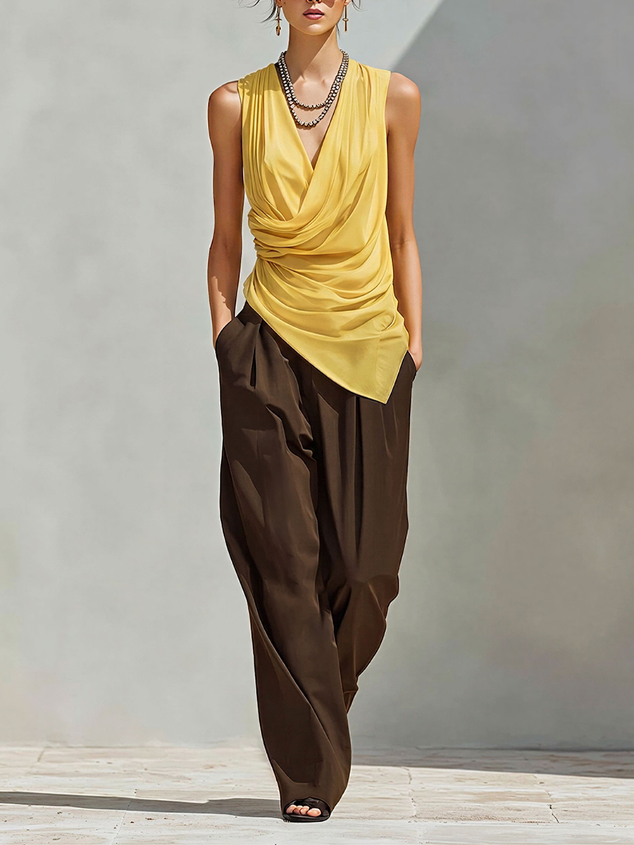 Women's Color-Block Co-Ord With Asymmetric Wrap Top & High-Waisted Pleated Pants, Modern Effortless-Chic Everyday Outfit MDZ0132F0LYL