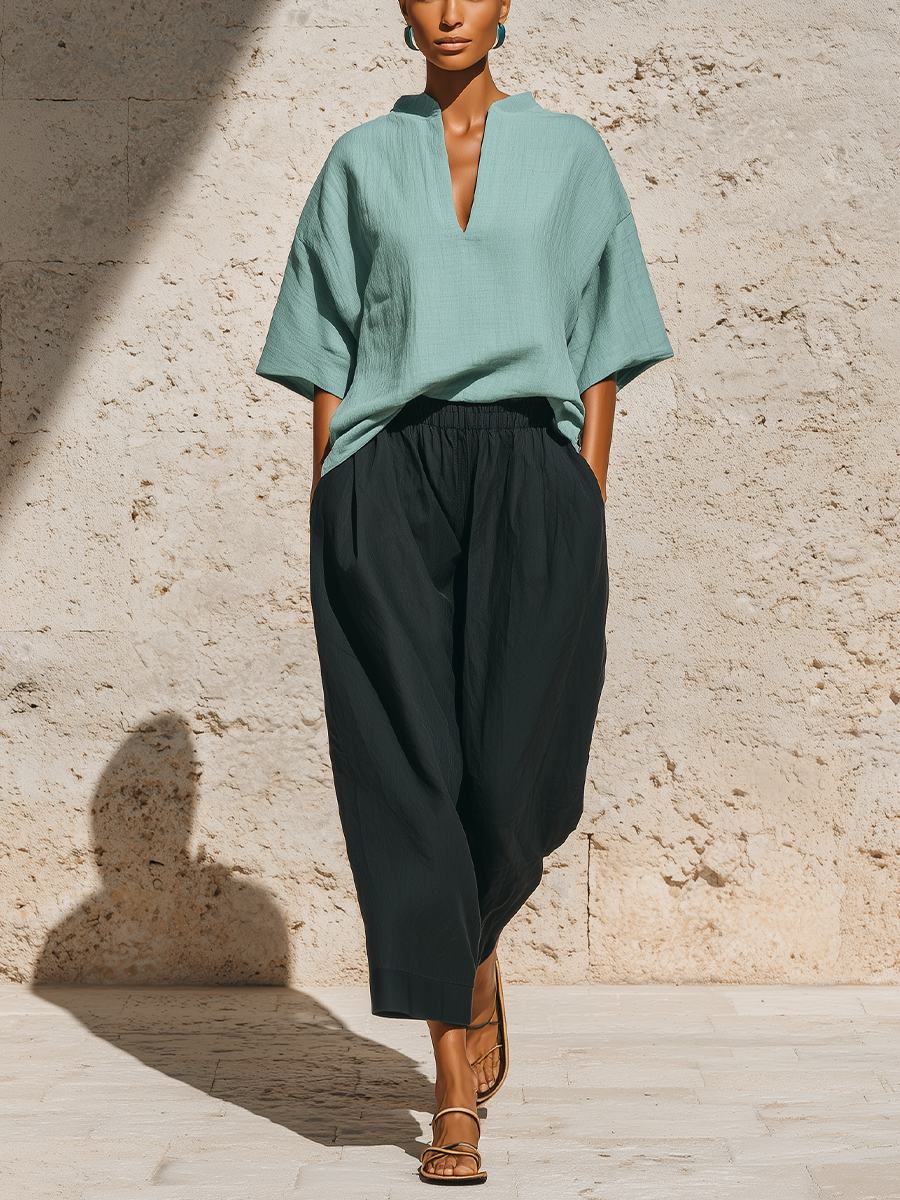 Women’s Teal Linen-Blend V-Neck Tunic Top & Black Elastic-Waist Cropped Pants Two-Piece Set MDZ0126F1T