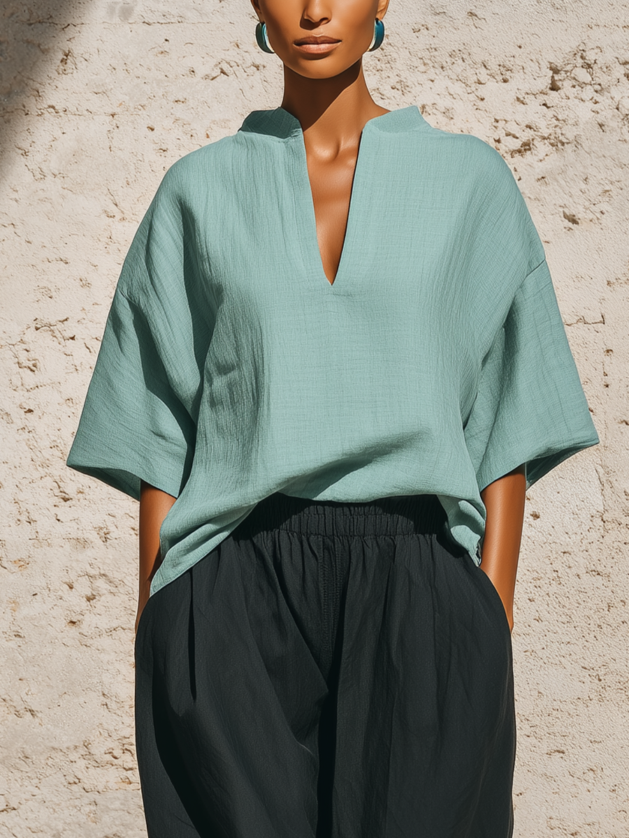 Women’s Teal Linen-Blend V-Neck Tunic Top & Black Elastic-Waist Cropped Pants Two-Piece Set MDZ0126F1T