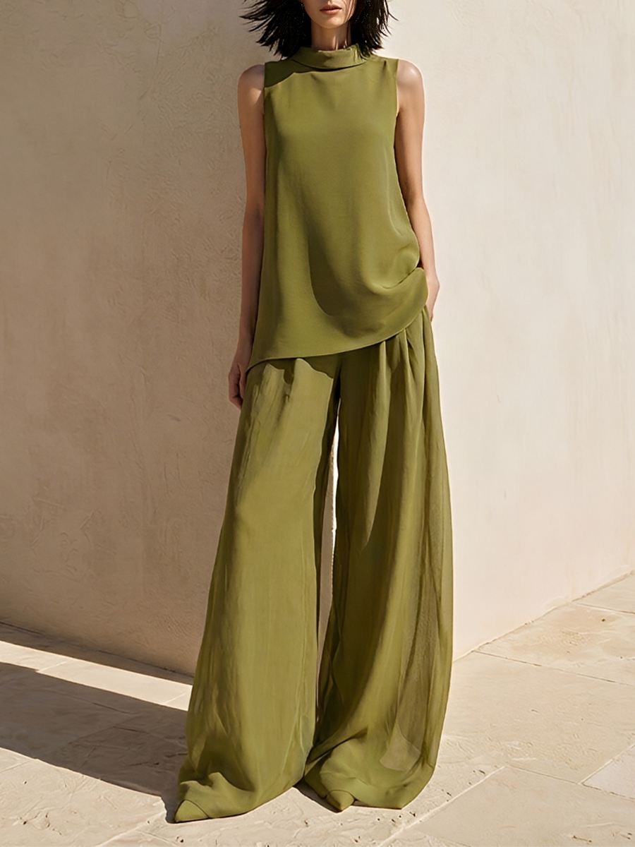 Women's Olive Green Chiffon Two-Piece Set With High-Neck Sleeveless Top & Sheer Wide Leg Pants, Timeless Minimalist Casual Outfit MDZ0143F3LYL