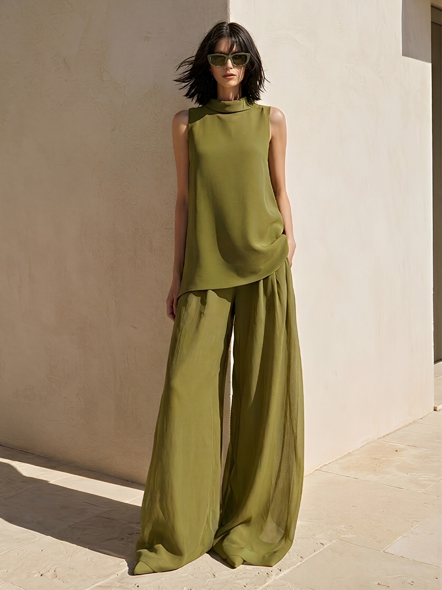 Women's Olive Green Chiffon Two-Piece Set With High-Neck Sleeveless Top & Sheer Wide Leg Pants, Timeless Minimalist Casual Outfit MDZ0143F3LYL