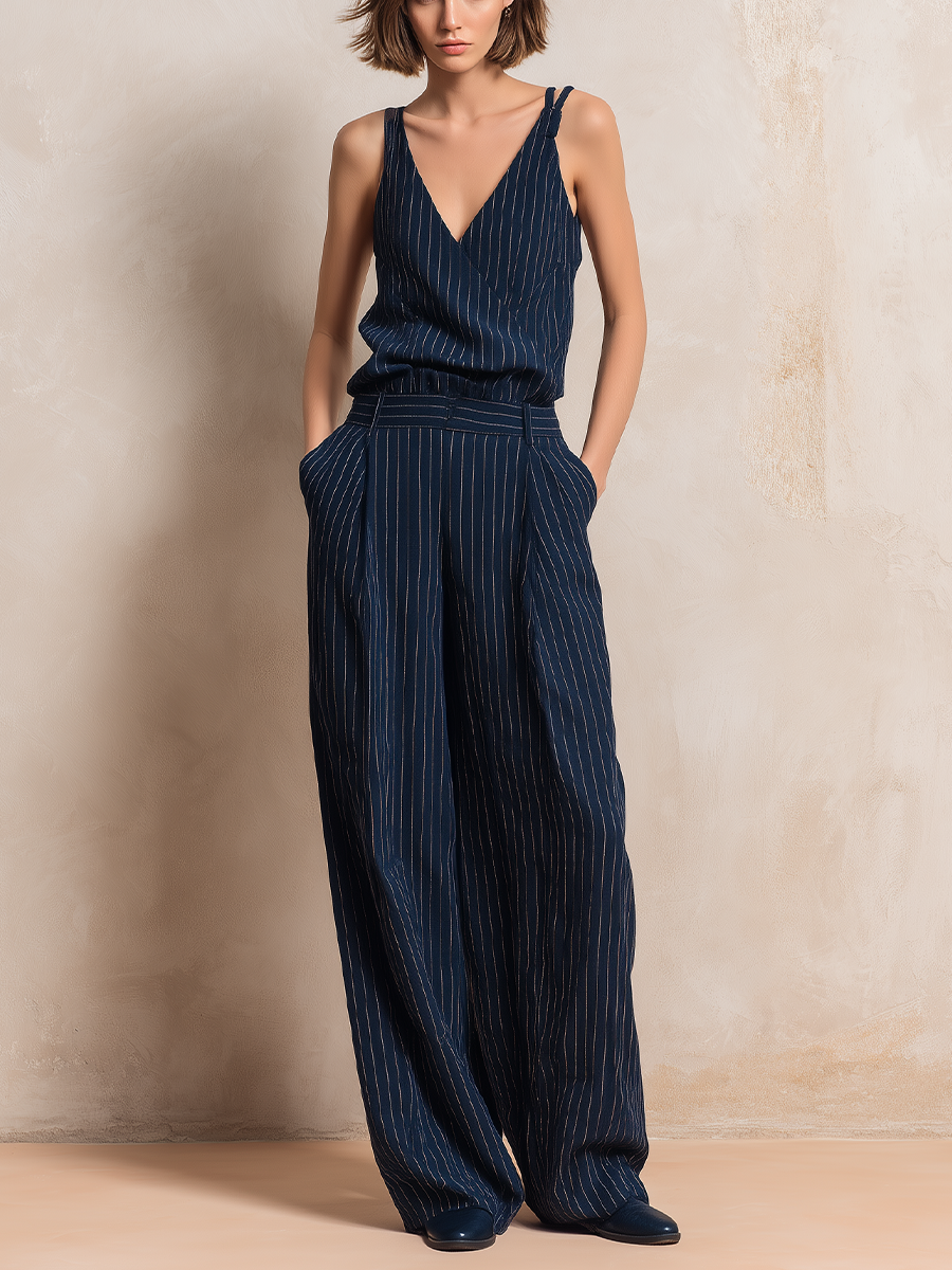Women’s Navy Cotton Blend Pinstripe Wrap Cami Top & High-Waisted Wide-Leg Pants Two-Piece Set MDZ0111F2T