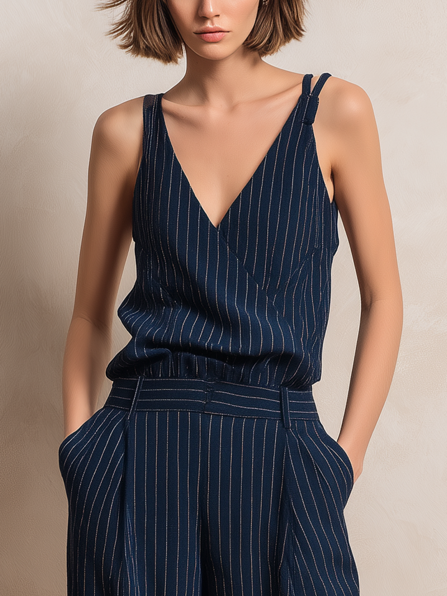 Women’s Navy Cotton Blend Pinstripe Wrap Cami Top & High-Waisted Wide-Leg Pants Two-Piece Set MDZ0111F2T