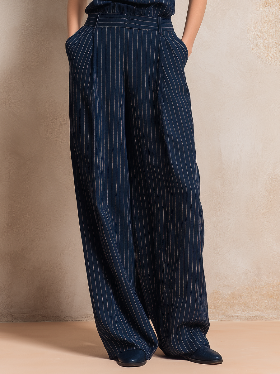 Women’s Navy Cotton Blend Pinstripe Wrap Cami Top & High-Waisted Wide-Leg Pants Two-Piece Set MDZ0111F2T