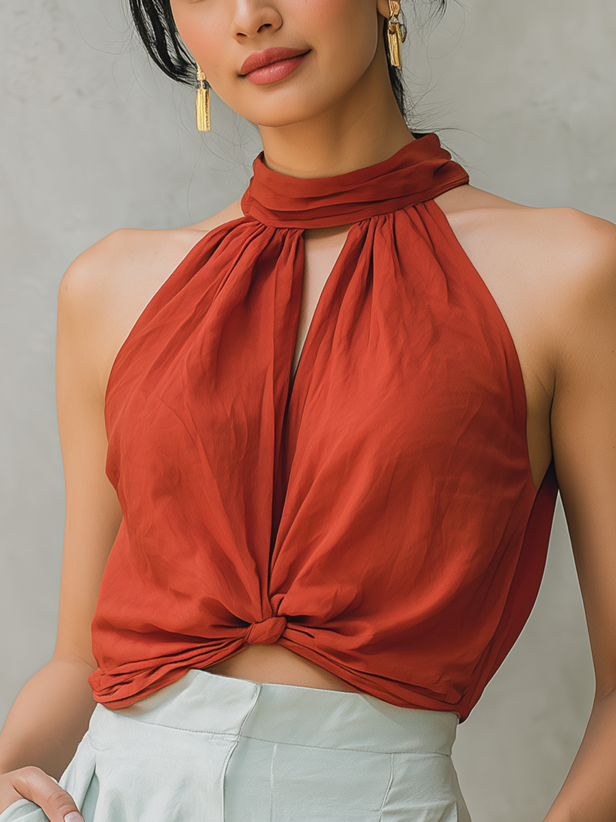 Women’s Rust Halter Neck Knotted Crop Top & Light Sage Pleated Shorts Two-Piece Set MDZ0163F9T