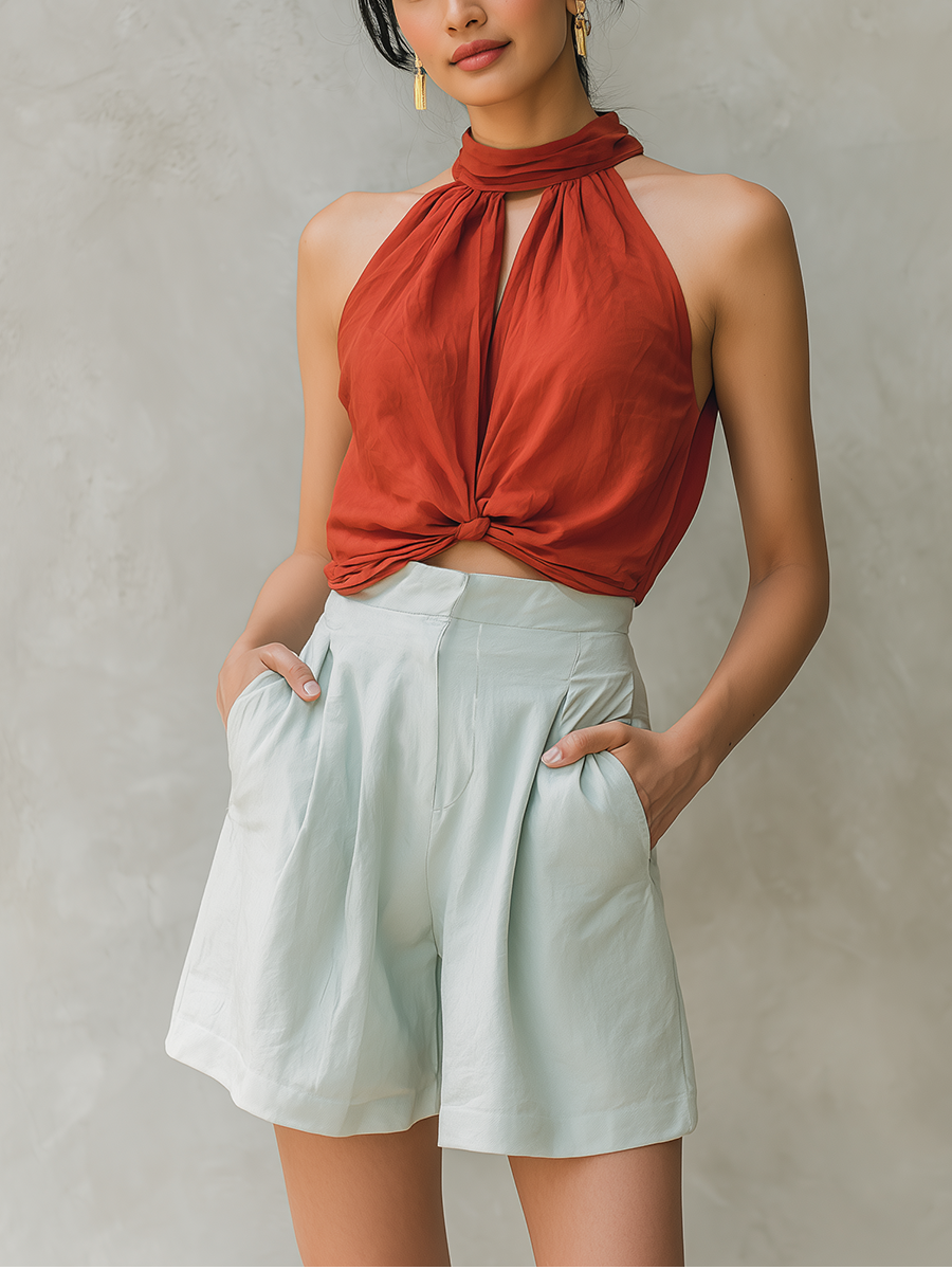 Women’s Rust Halter Neck Knotted Crop Top & Light Sage Pleated Shorts Two-Piece Set MDZ0163F9T