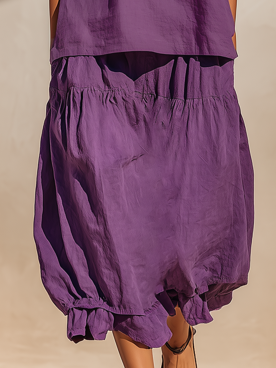 Women’s Purple Cotton-Linen Blend Sleeveless Tank Top & Tiered Bubble Hem Maxi Skirt Two-Piece Set MDZ0111F0T