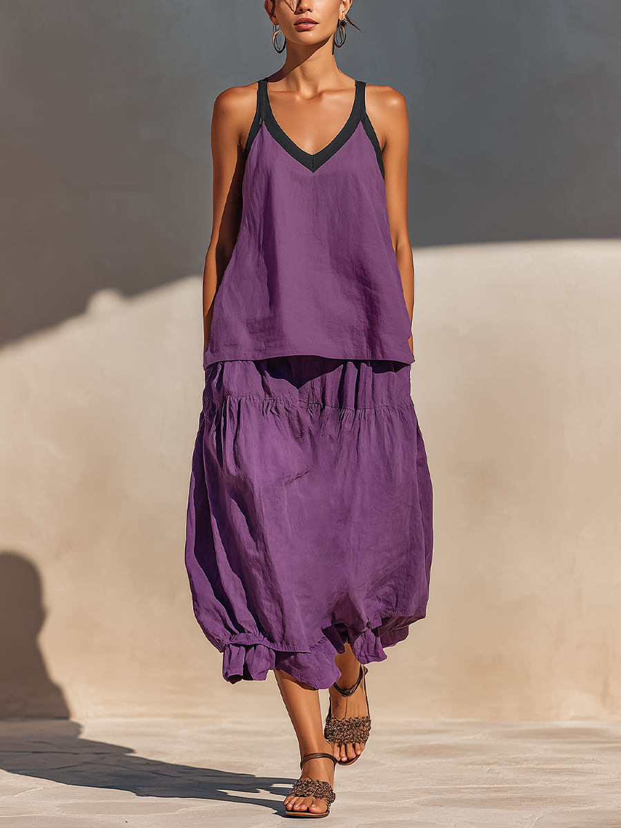 Women’s Purple Cotton-Linen Blend Sleeveless Tank Top & Tiered Bubble Hem Maxi Skirt Two-Piece Set MDZ0111F0T