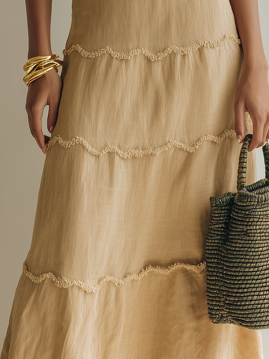 Women’s Beige Scalloped-Trim Linen-Blend Cami Top & Tiered Maxi Skirt Two-Piece Set MDZ0172F9T