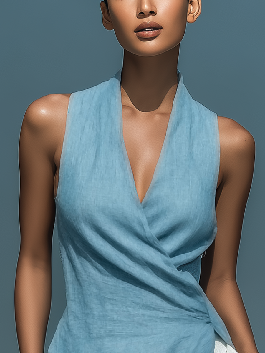 Women’s Blue Linen-Blend Halter Wrap-Front Asymmetrical Top MDZ0191F7T