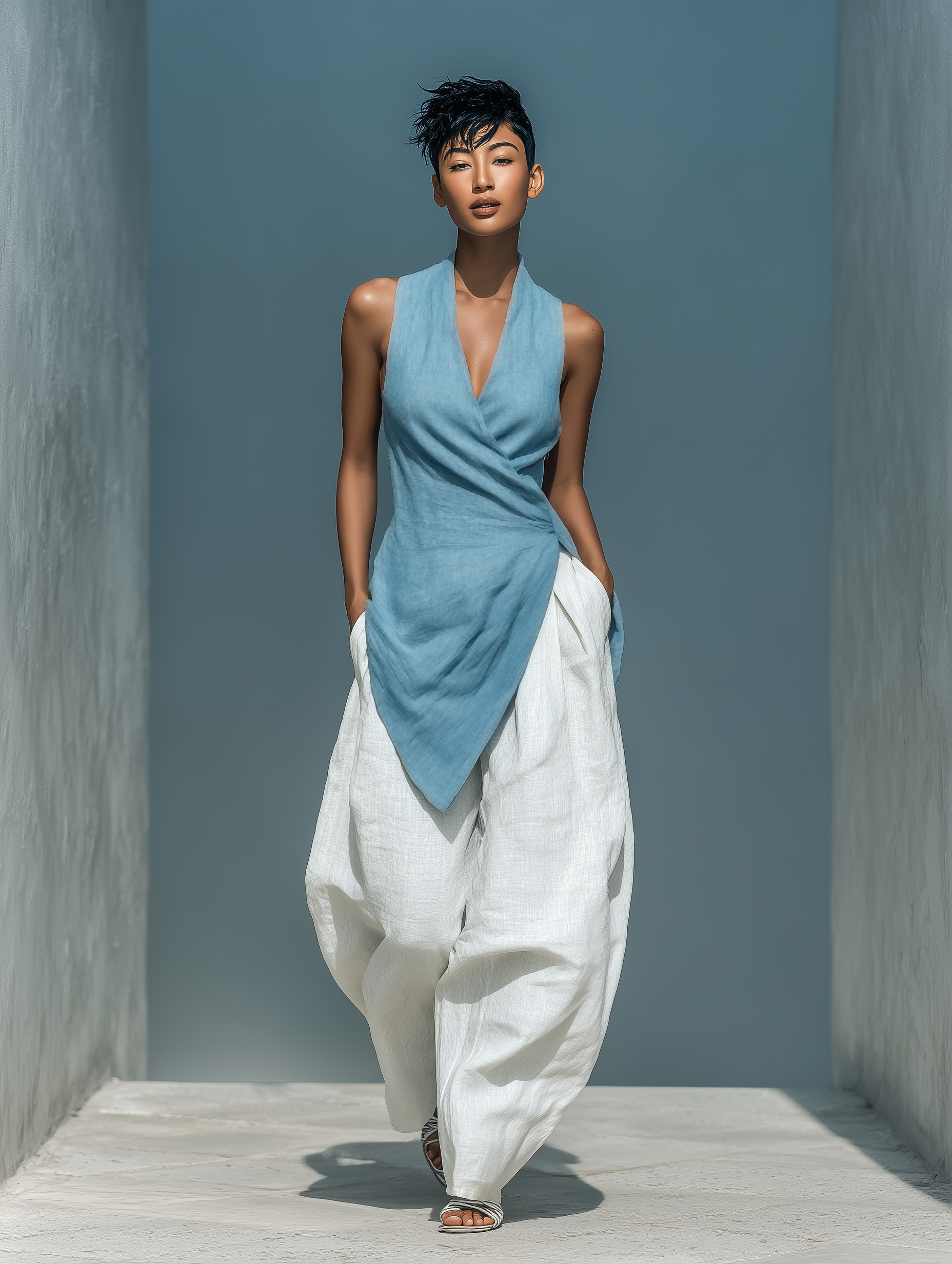 Women’s Blue Linen-Blend Halter Wrap-Front Asymmetrical Top MDZ0191F7T