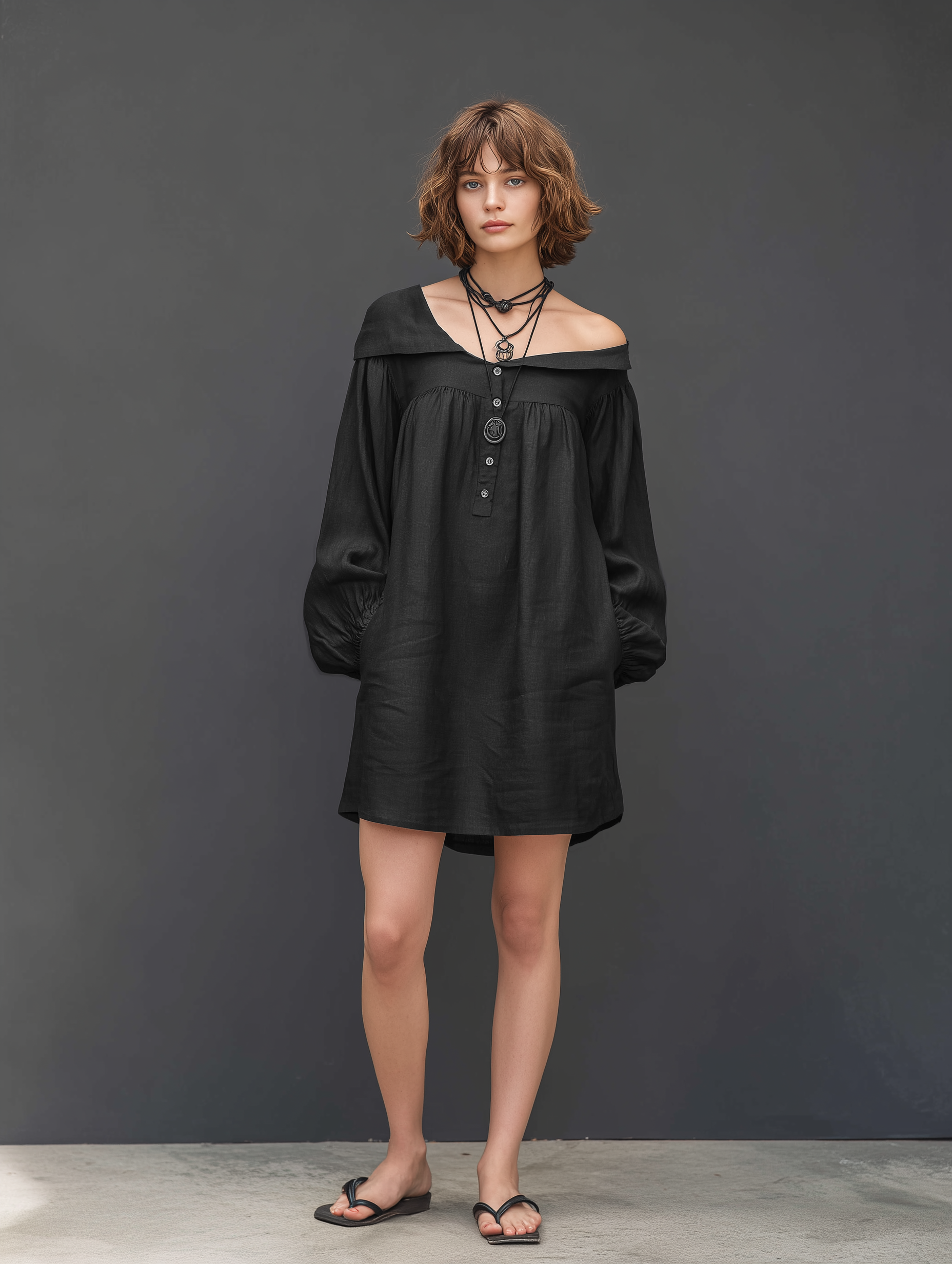 Women's Minimalist Linen-Blend Long-Sleeve Mini Dress With Asymmetrical Neckline MDZ0187F9Y