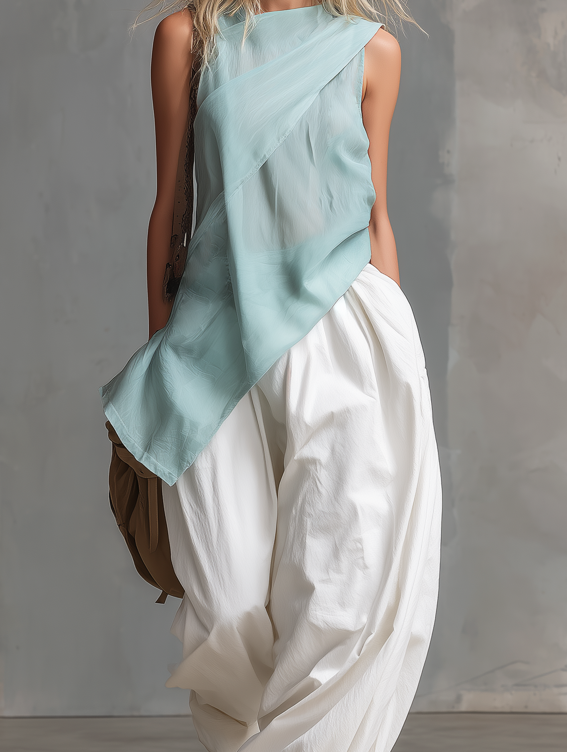 Women's Casual Mint Green Chiffon Sleeveless Top And Woven White Trousers Set MDZ0192F1LXY