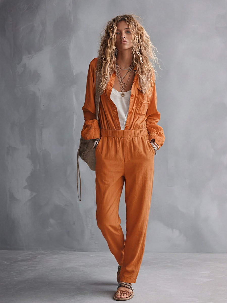 Women's Retro Style Orange Linen Blend Collared Long-Sleeve Elastic Waist Jumpsuit MDZ0184F5GMJ