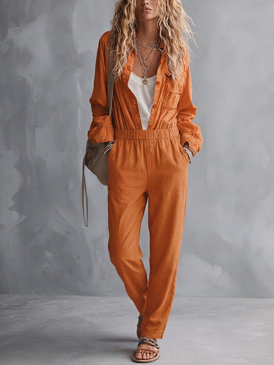 Women's Retro Style Orange Linen Blend Collared Long-Sleeve Elastic Waist Jumpsuit MDZ0184F5GMJ