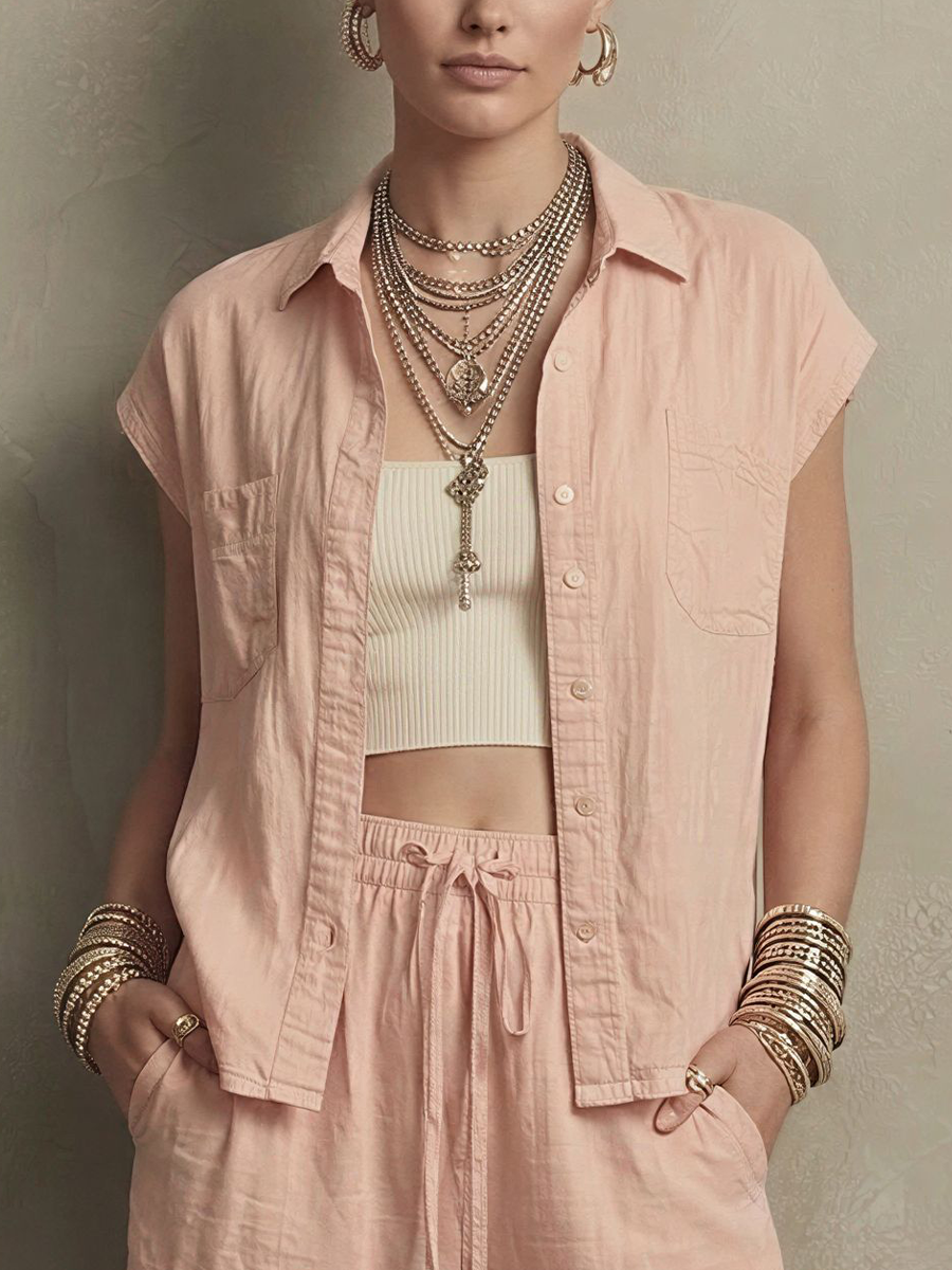 Women's Casual Style Light Pink Linen Blend Sleeveless Shirt & Wide-Leg Cropped Pants Set MDZ0110F1GMJ