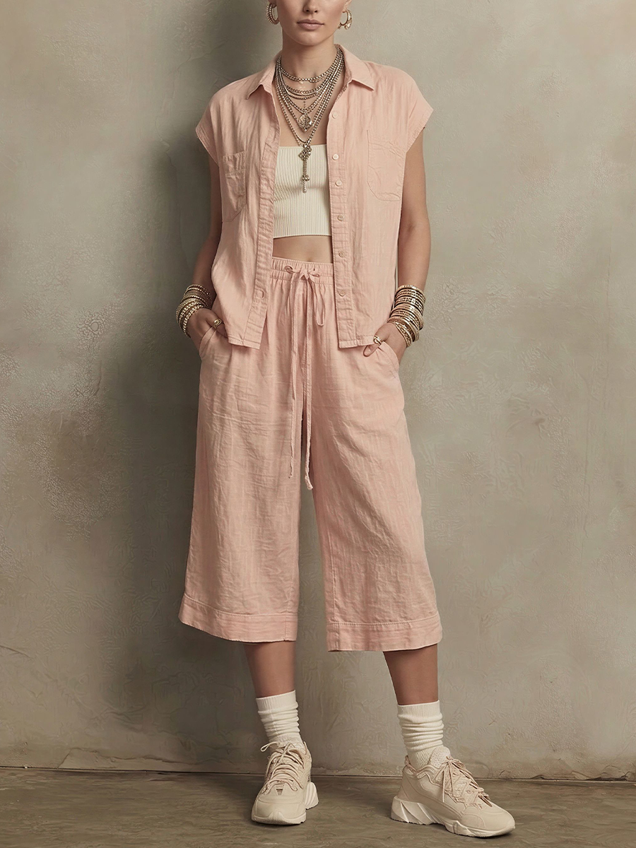 Women's Casual Style Light Pink Linen Blend Sleeveless Shirt & Wide-Leg Cropped Pants Set MDZ0110F1GMJ