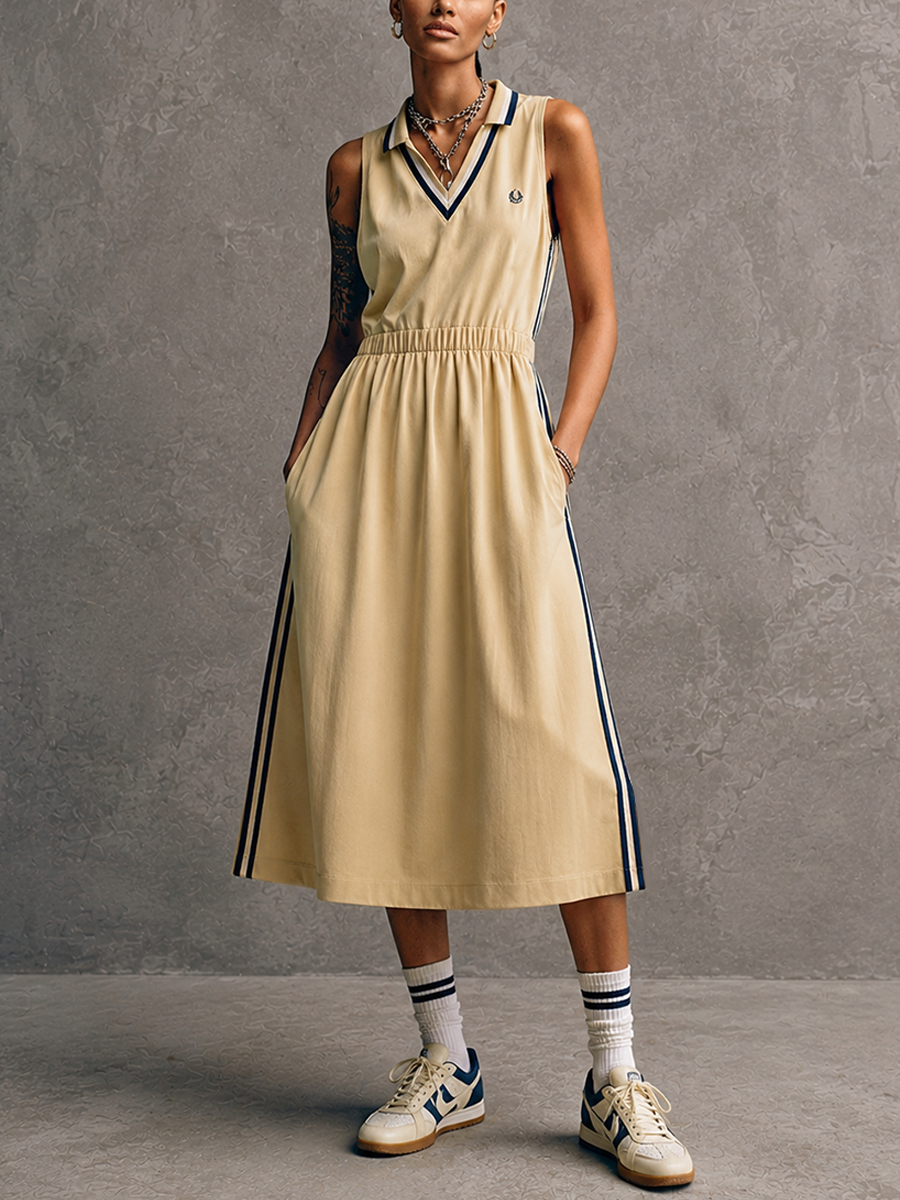 Women's Sporty Yellow Cotton Blend V-Neck Sleeveless Waisted Striped Trim Midi Dress MDZ0163F2GMJ