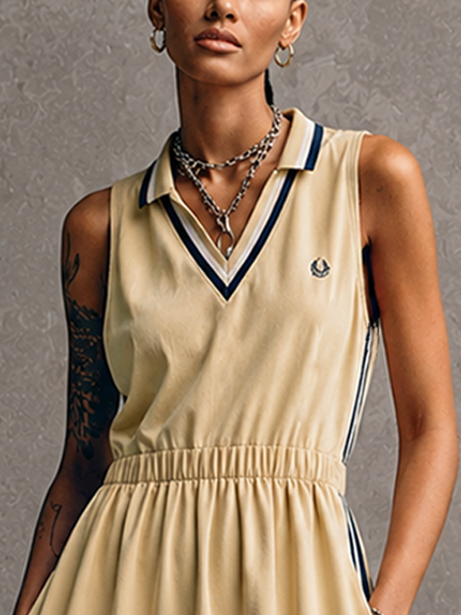 Women's Sporty Yellow Cotton Blend V-Neck Sleeveless Waisted Striped Trim Midi Dress MDZ0163F2GMJ