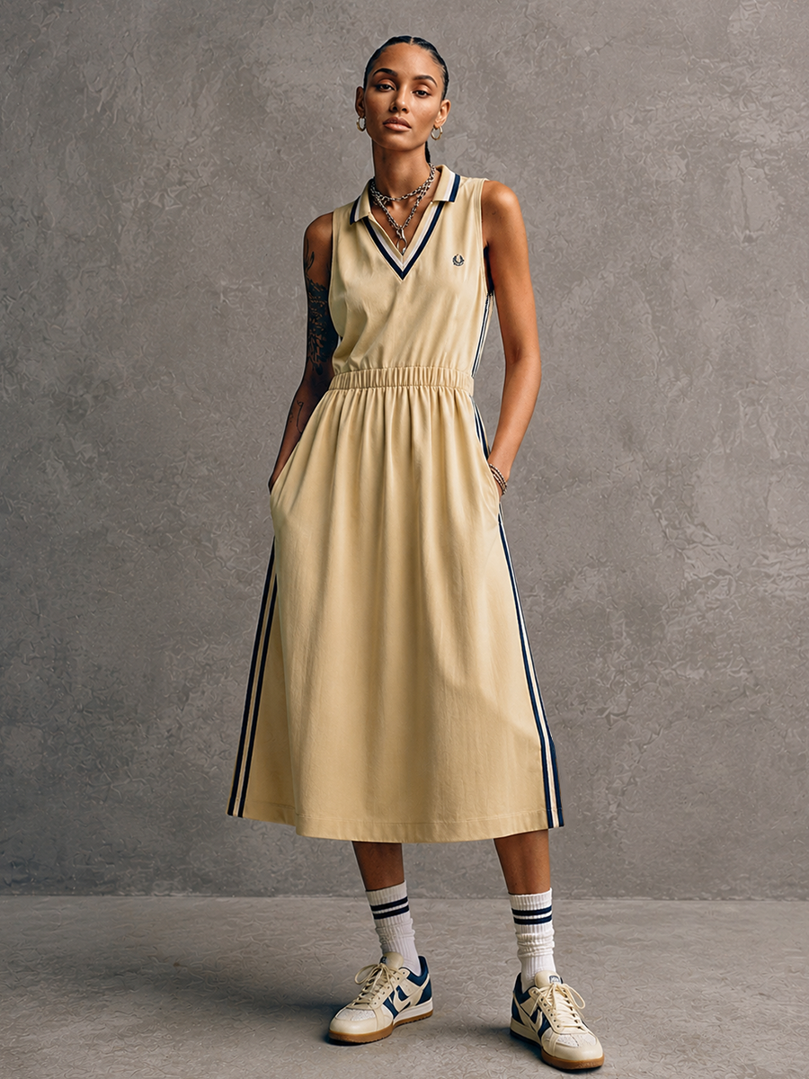 Women's Sporty Yellow Cotton Blend V-Neck Sleeveless Waisted Striped Trim Midi Dress MDZ0163F2GMJ