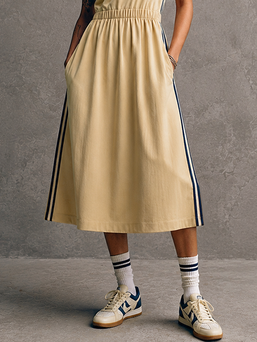 Women's Sporty Yellow Cotton Blend V-Neck Sleeveless Waisted Striped Trim Midi Dress MDZ0163F2GMJ