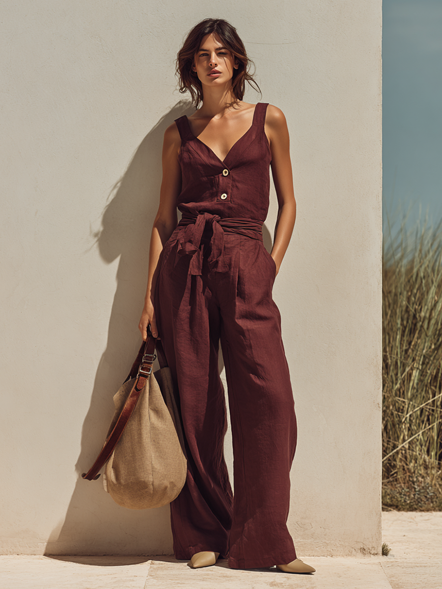 Women’s Minimalist Loose-fitting Burgundy Sash Waist Sleeveless Linen Jumpsuit MDZ0235F5ZRK