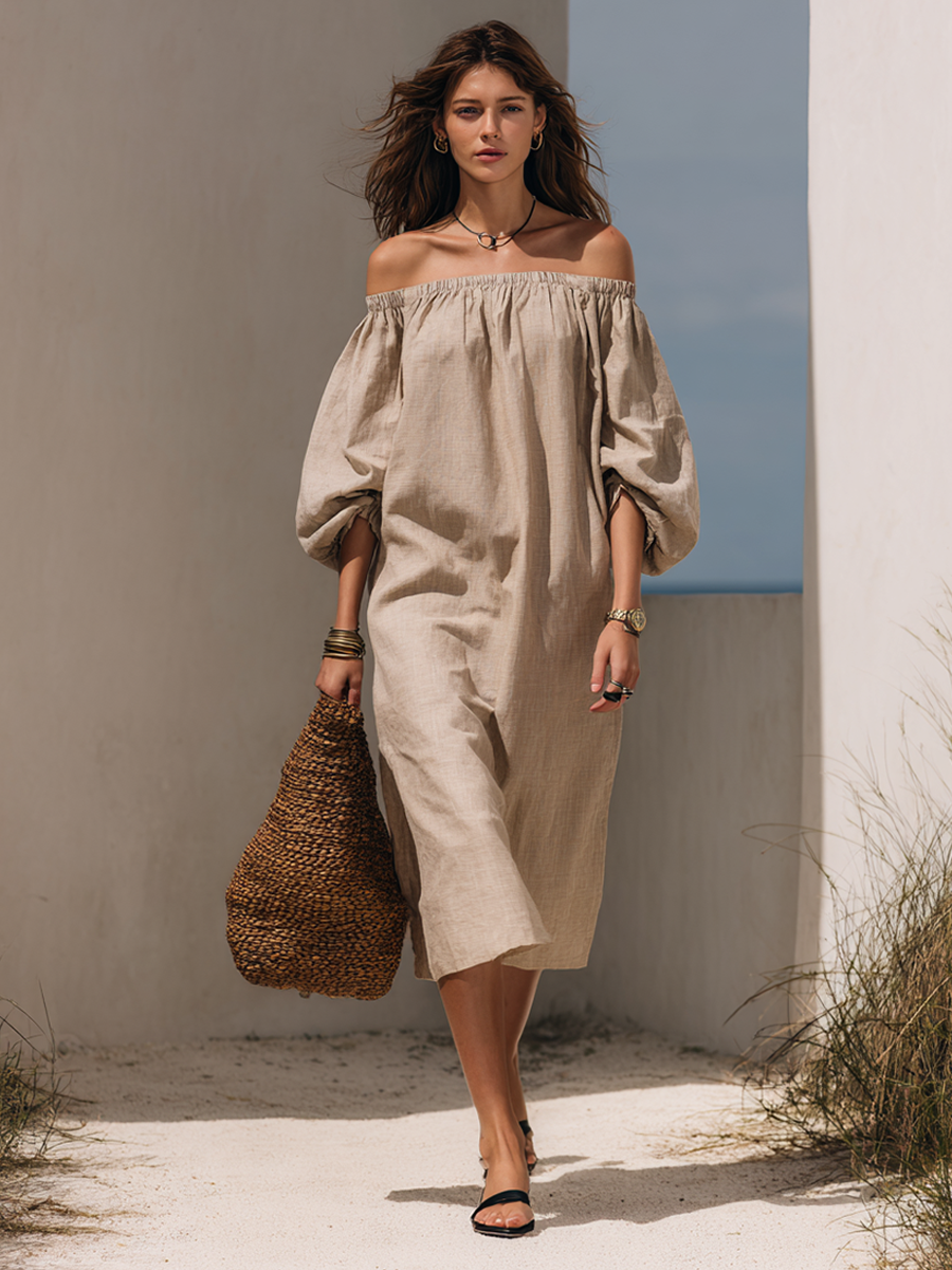 Women’s Minimalist Linen-Blend Off-Shoulder Puff Sleeve Midi Dress MDZ0256F3ZRK