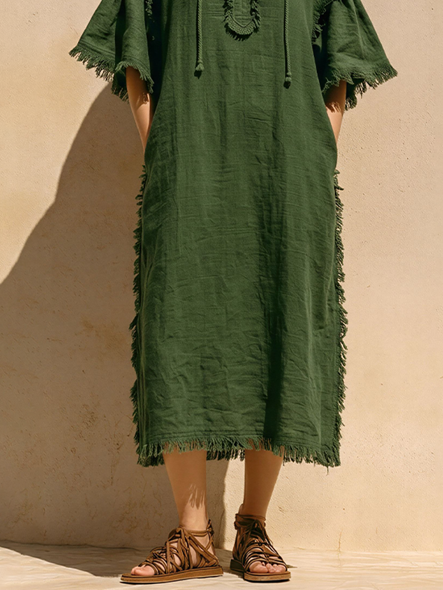 Women's Dark Green Linen-Blend Hooded Midi Dress With Full Frayed Trim & Notch V Neck, Boho Casual Beach Dress MDZ0246F1LYL