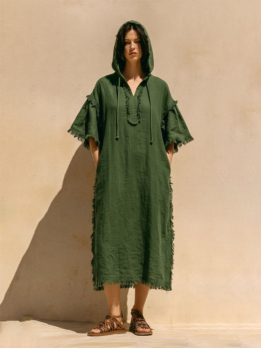 Women's Dark Green Linen-Blend Hooded Midi Dress With Full Frayed Trim & Notch V Neck, Boho Casual Beach Dress MDZ0246F1LYL