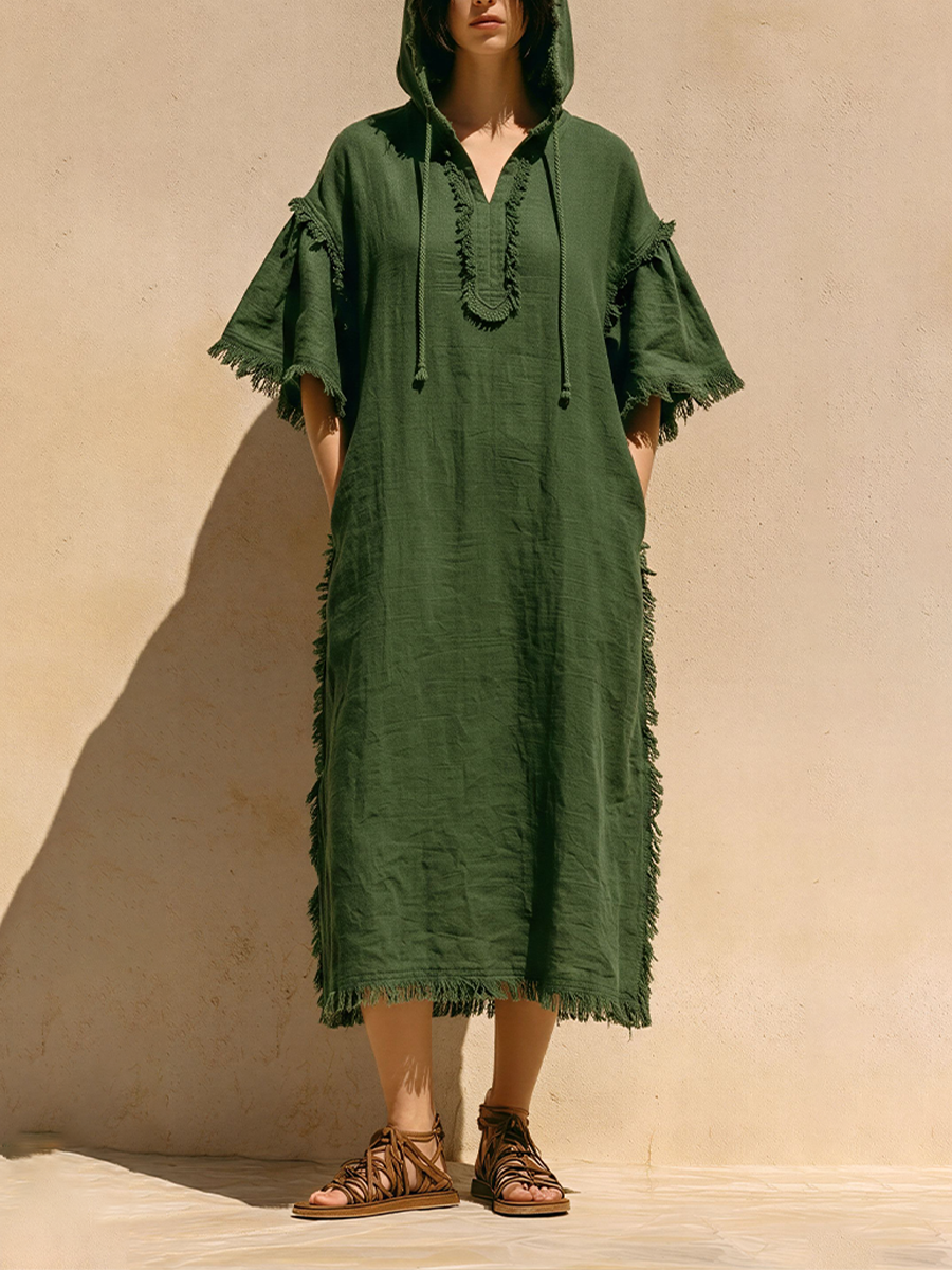 Women's Dark Green Linen-Blend Hooded Midi Dress With Full Frayed Trim & Notch V Neck, Boho Casual Beach Dress MDZ0246F1LYL