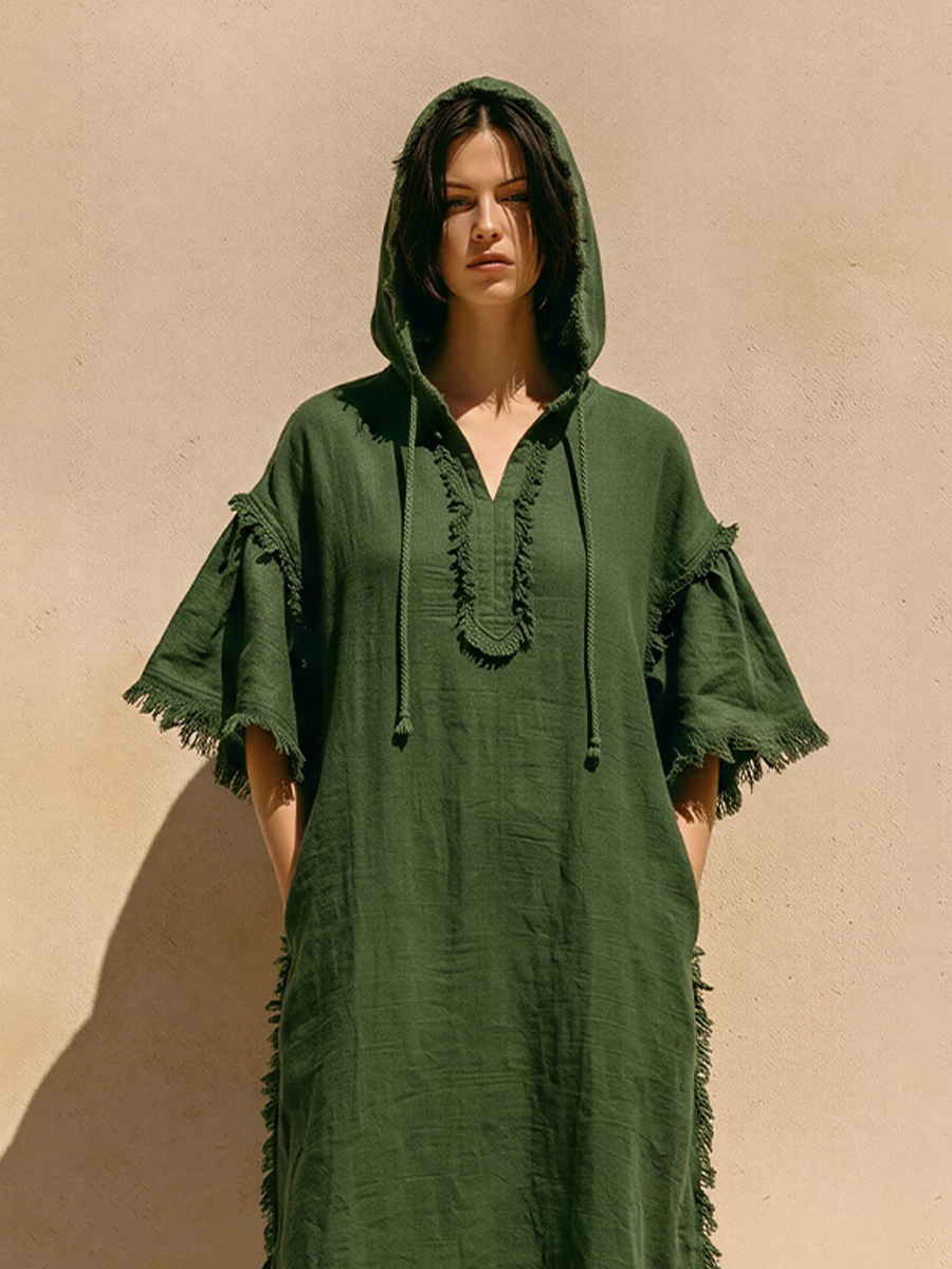 Women's Dark Green Linen-Blend Hooded Midi Dress With Full Frayed Trim & Notch V Neck, Boho Casual Beach Dress MDZ0246F1LYL