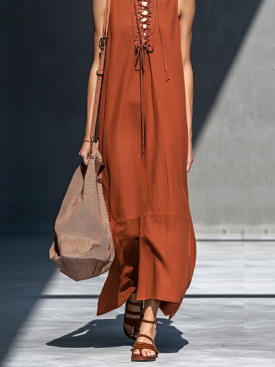 Women's Rust Brown Cotton-Blend Maxi Dress With Hooded Sleeveless Design & Front Lace-Up Cutout, Boho Casual Resort Dress MDZ0211F2LYL