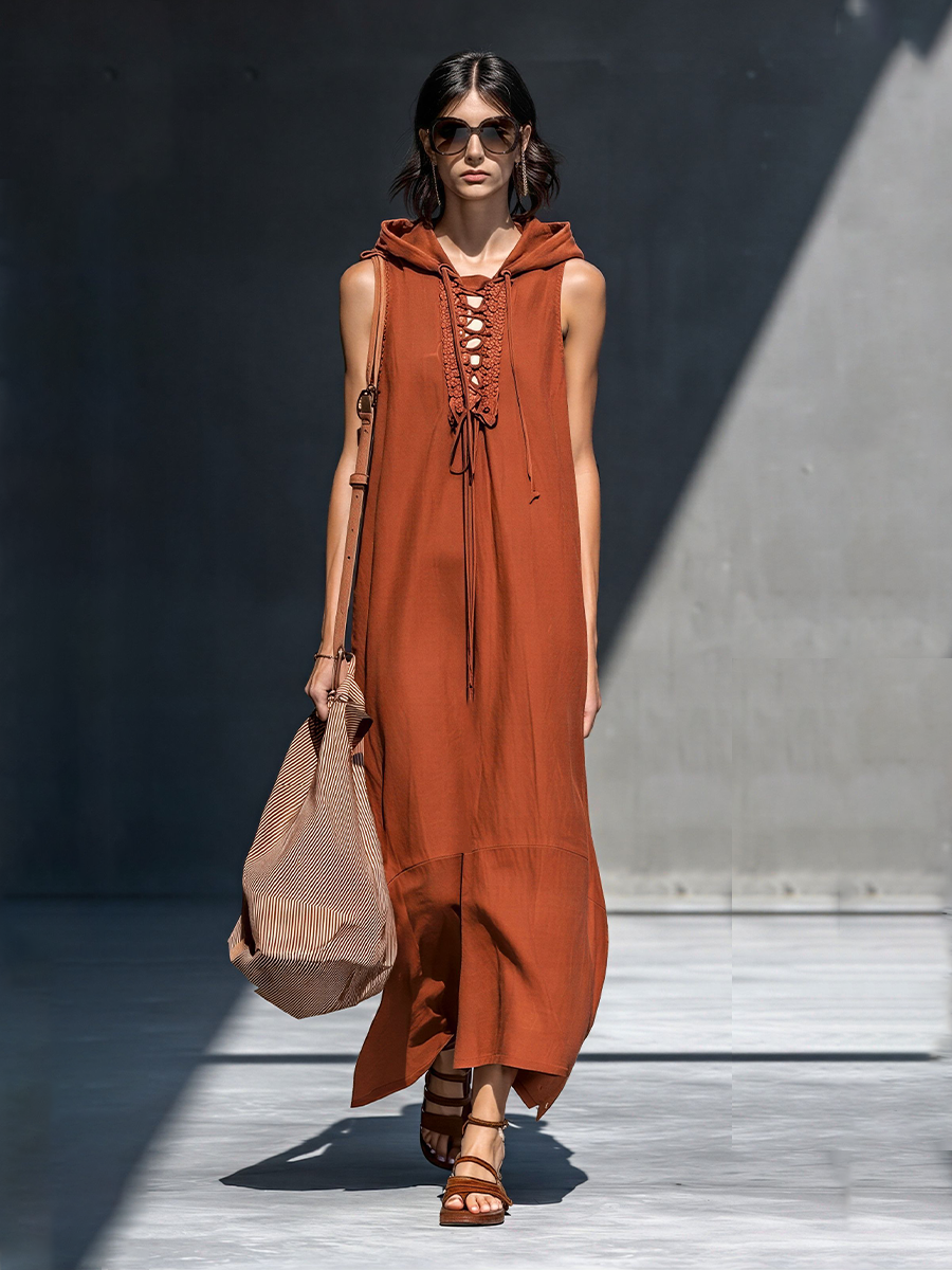 Women's Rust Brown Cotton-Blend Maxi Dress With Hooded Sleeveless Design & Front Lace-Up Cutout, Boho Casual Resort Dress MDZ0211F2LYL