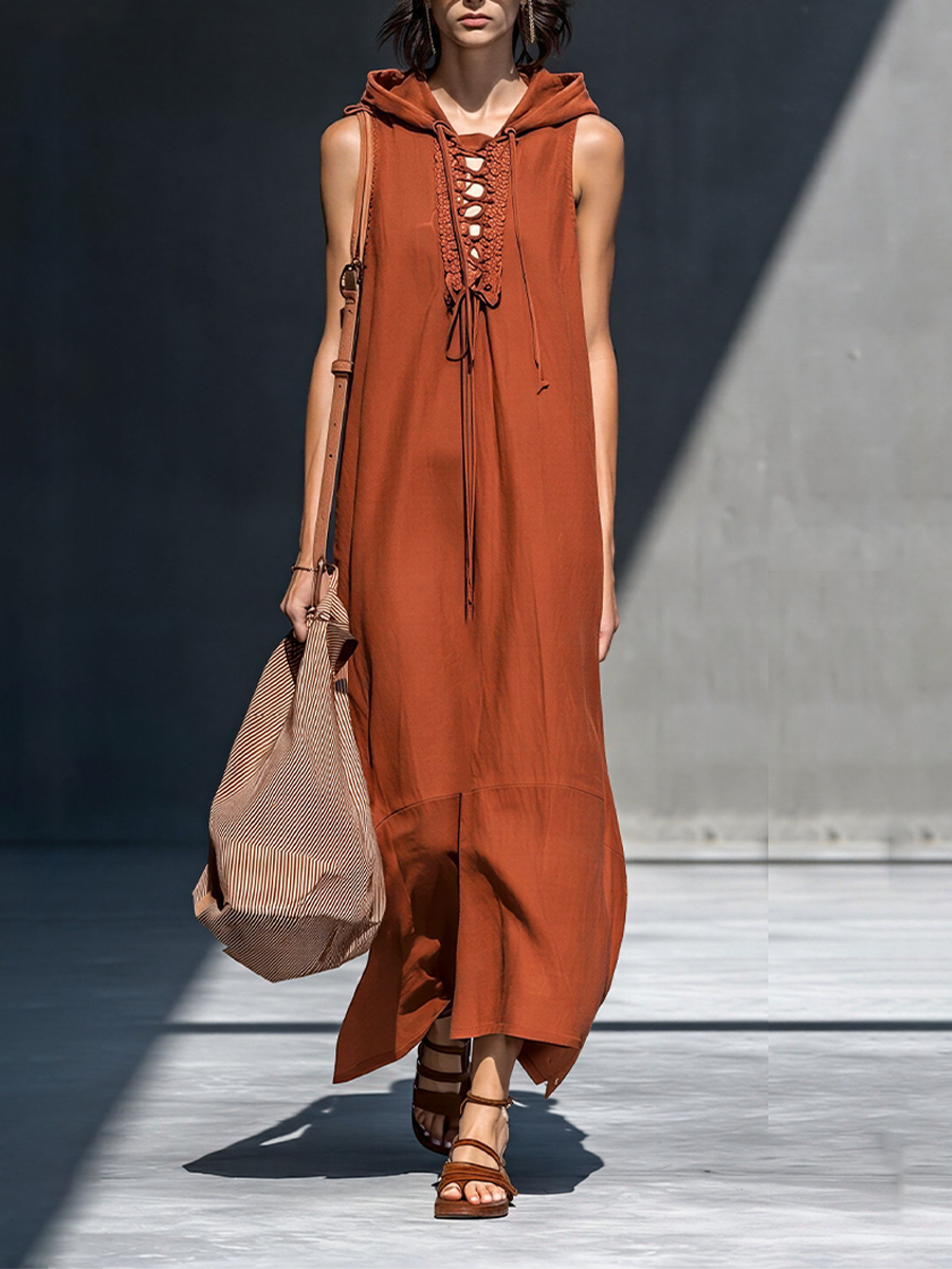 Women's Rust Brown Cotton-Blend Maxi Dress With Hooded Sleeveless Design & Front Lace-Up Cutout, Boho Casual Resort Dress MDZ0211F2LYL