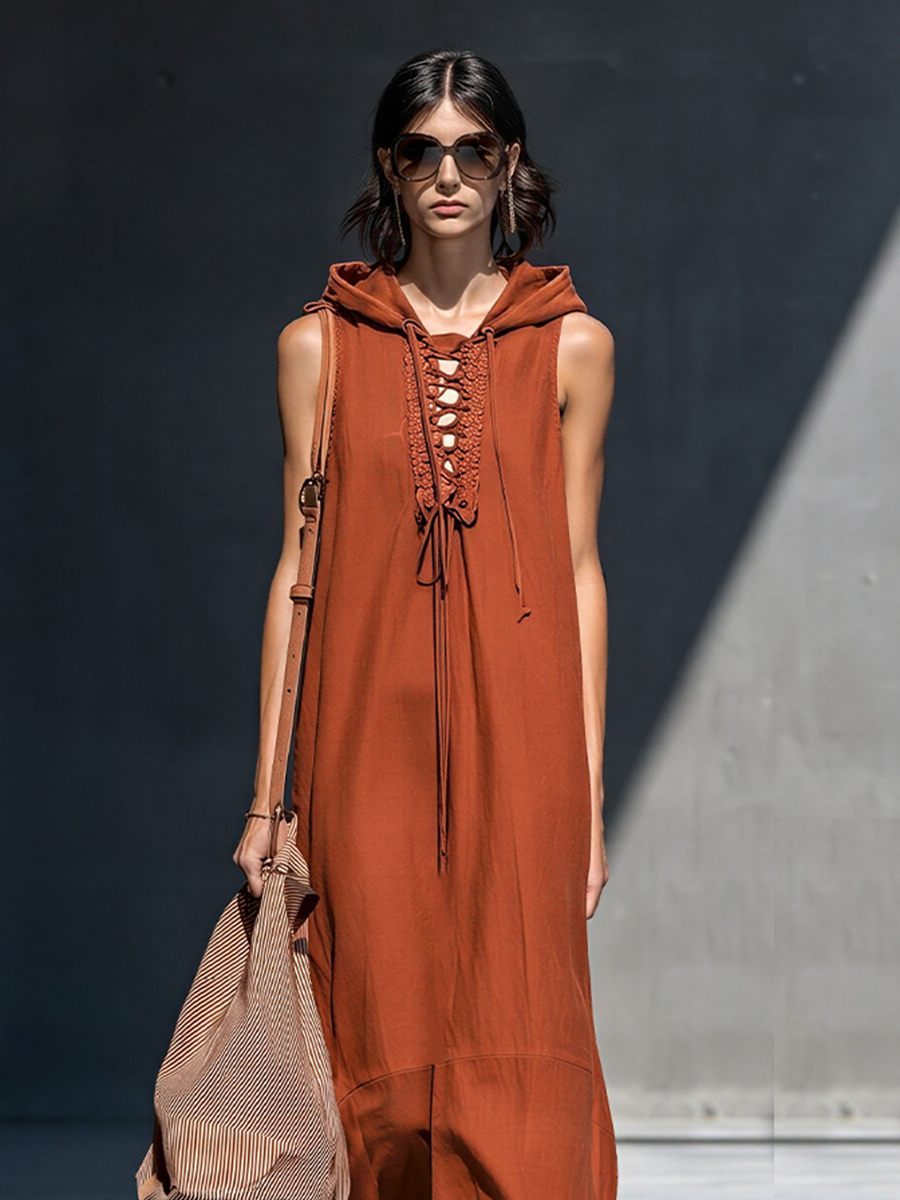 Women's Rust Brown Cotton-Blend Maxi Dress With Hooded Sleeveless Design & Front Lace-Up Cutout, Boho Casual Resort Dress MDZ0211F2LYL