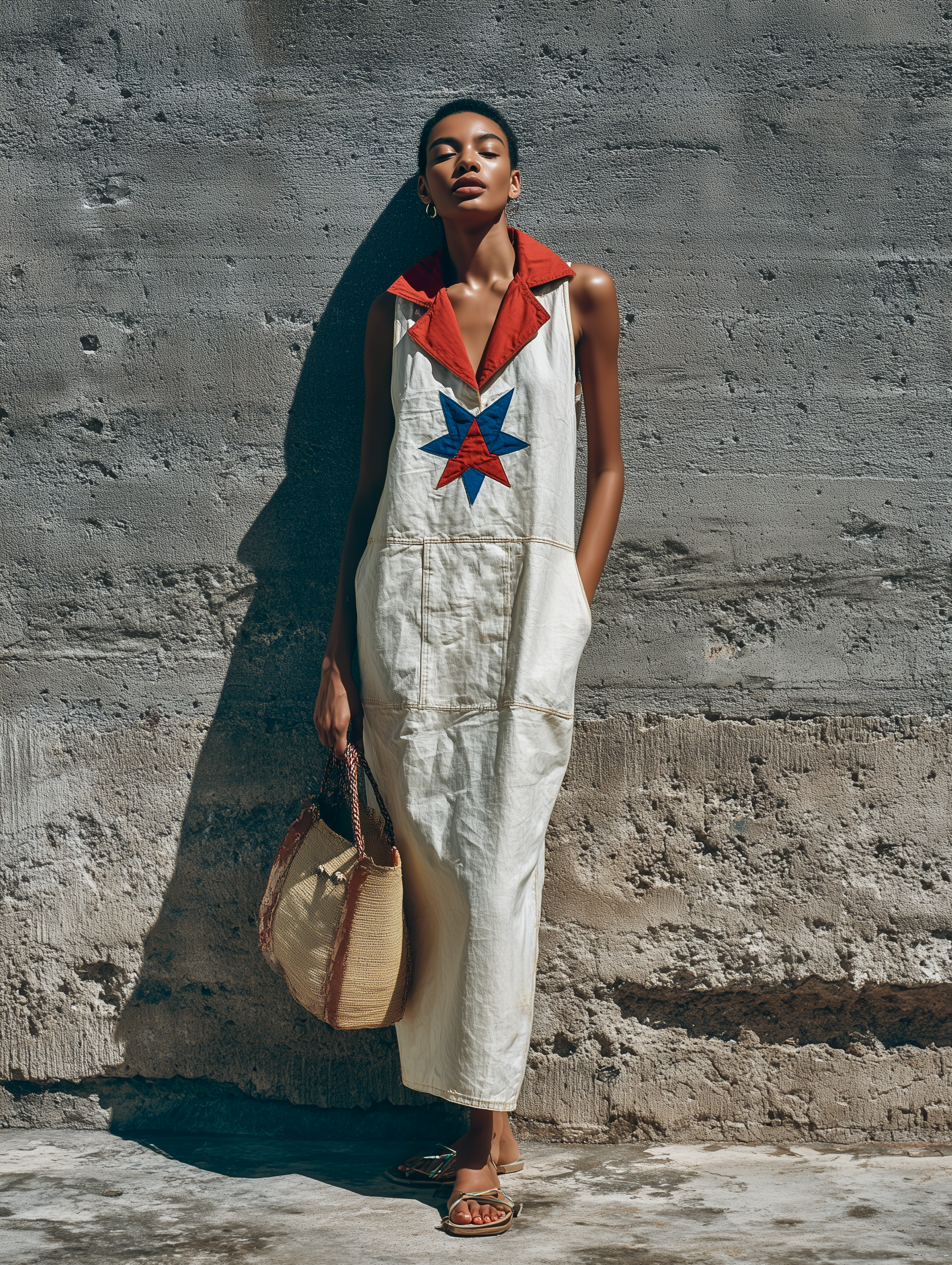 Women’s White Sleeveless Collared Maxi Dress With Star Patch & Front Patch Pockets MDZ0268F7T