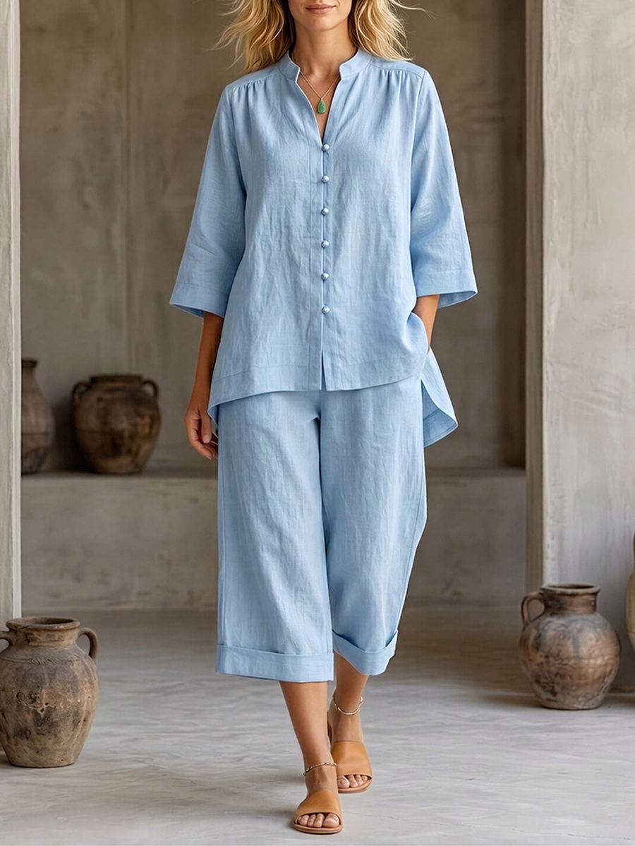 Women's Pale Blue Linen Co-Ord With Three-Quarter Sleeve Blouse & High Waist Wide Leg Culottes, Modern Effortless-Chic Vacation Outfit MDZ0267F6LYL